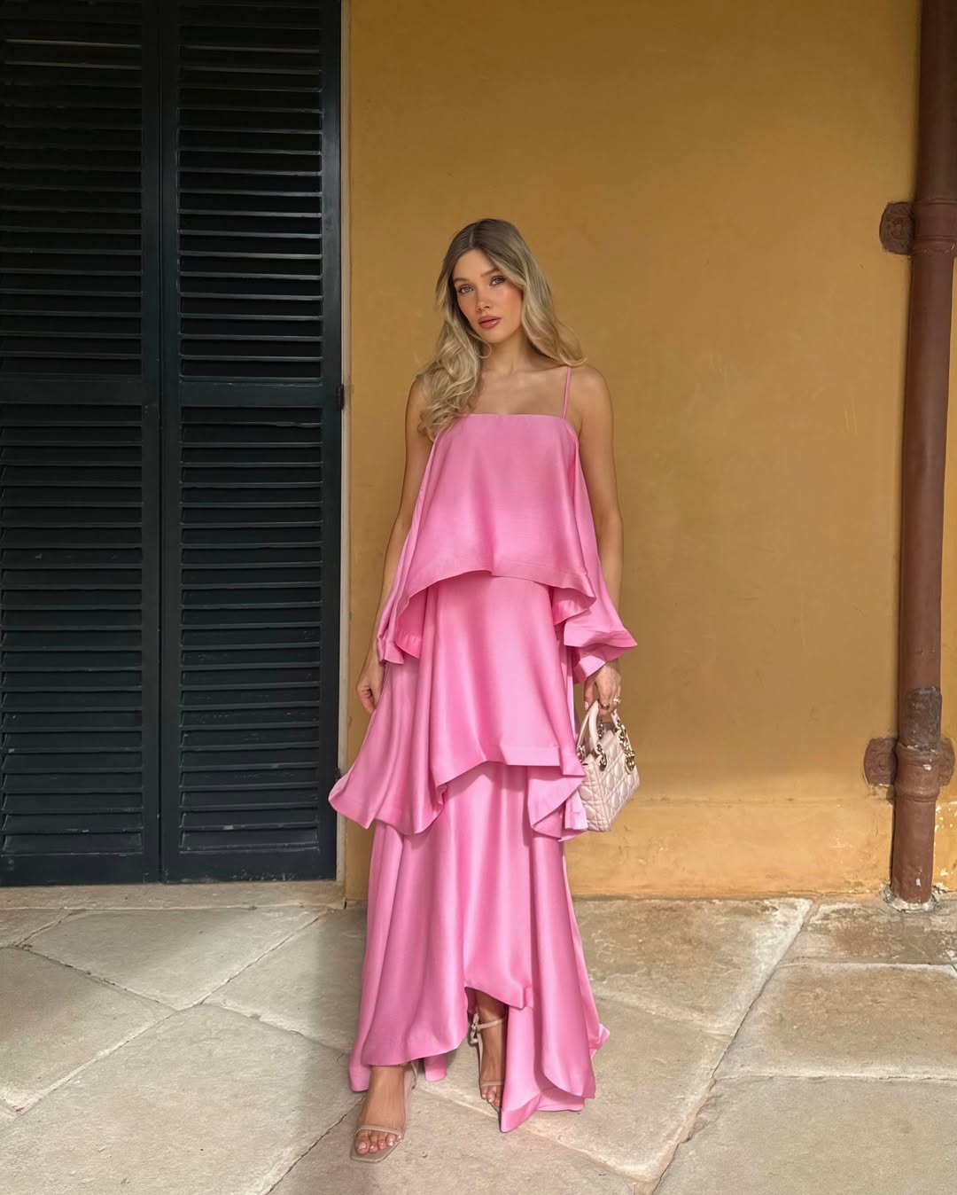 OLANE Romantic Tiered Ruffle Satin Maxi Dress PinkSWomen’s Dresses