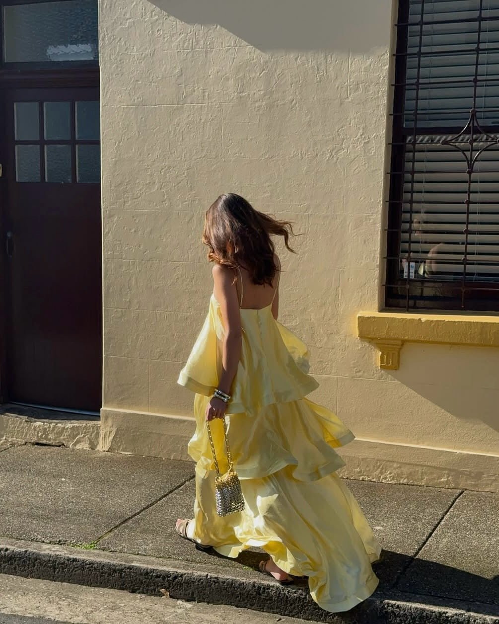 OLANE Romantic Tiered Ruffle Satin Maxi Dress YellowSWomen’s Dresses