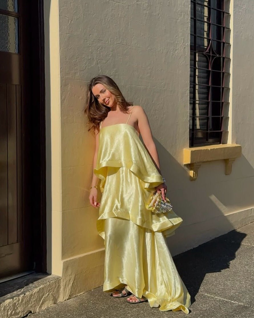 OLANE Romantic Tiered Ruffle Satin Maxi Dress YellowSWomen’s Dresses