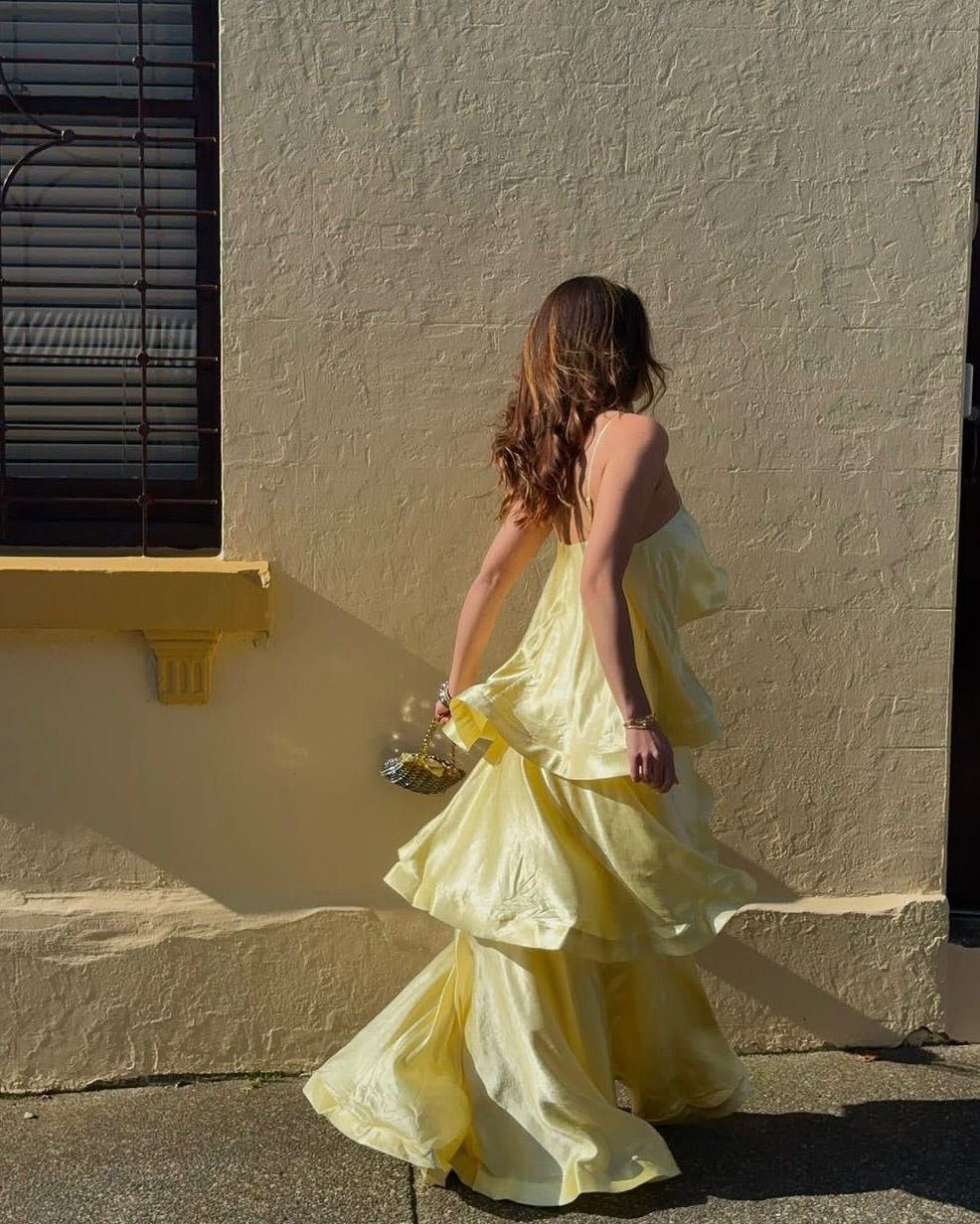 OLANE Romantic Tiered Ruffle Satin Maxi Dress YellowSWomen’s Dresses