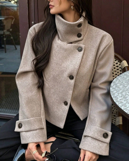 OLANE Rose Buckle Stand Collar Coat TaupeXSCoat