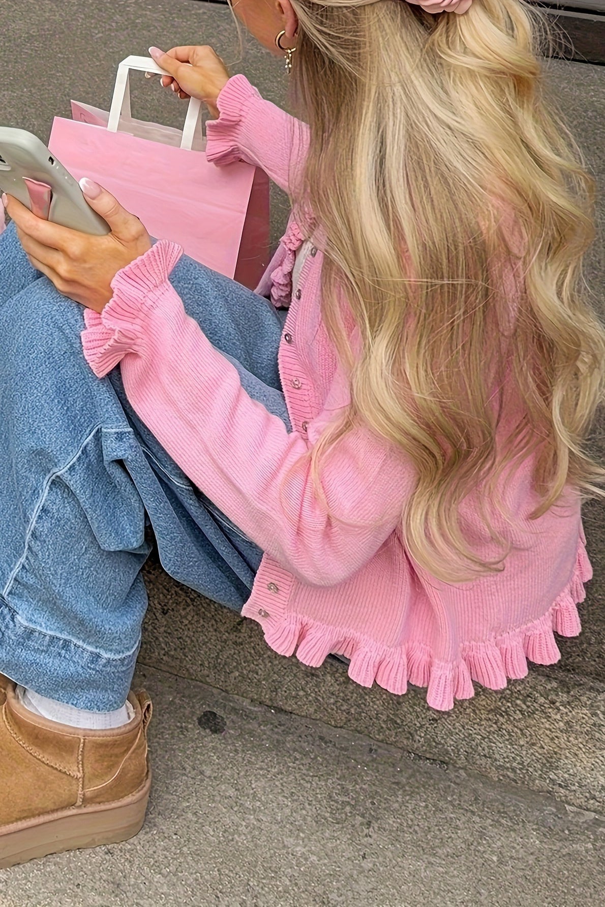 OLANE Round Neck Frill Knit Cardigan PinkSWomen's Sweaters & Cardigans