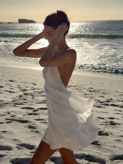 OLANE Ruffle Halter Backless Beach Dress WhiteMWomen's Dresses