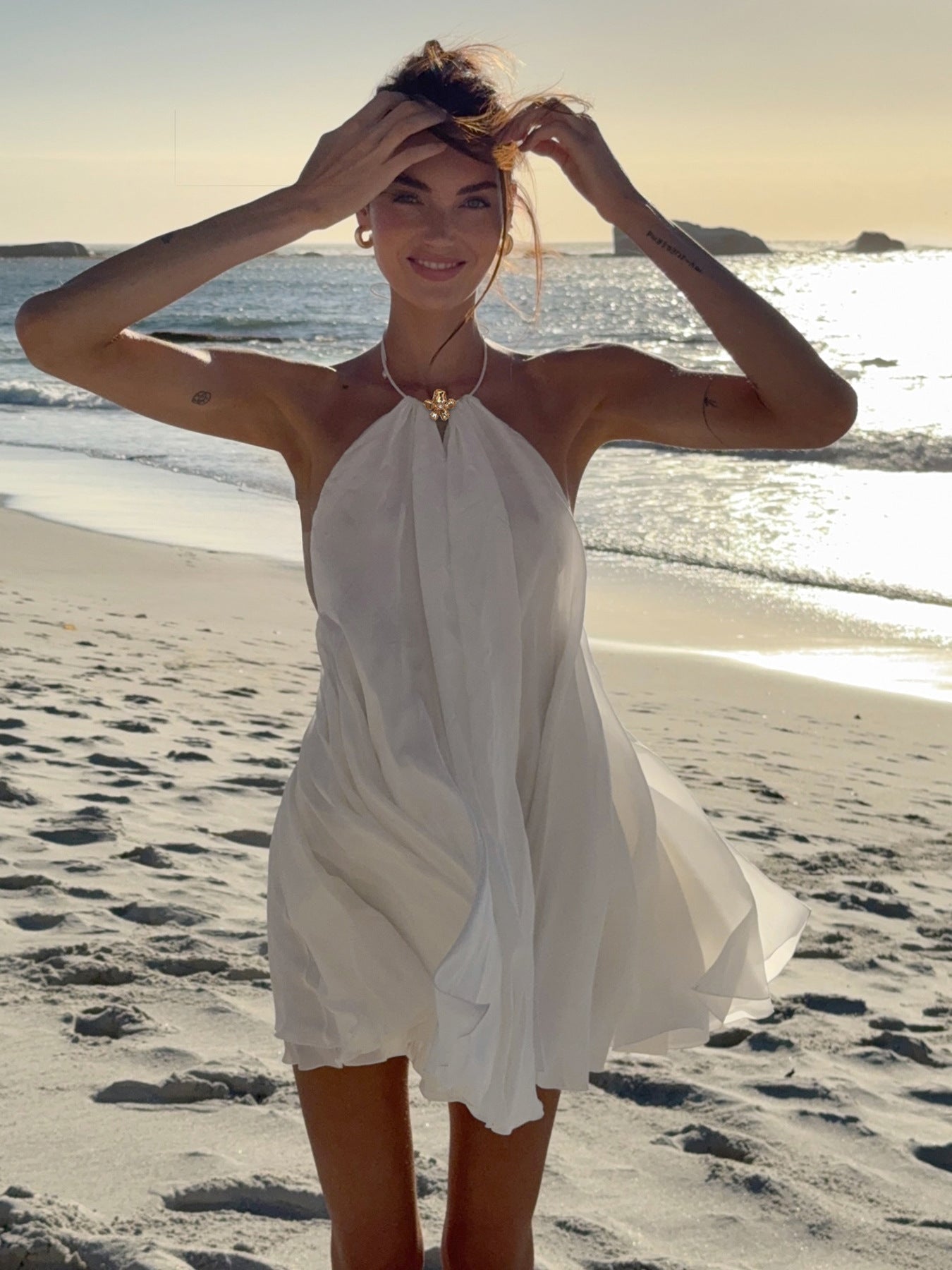 OLANE Ruffle Halter Backless Beach Dress WhiteSWomen's Dresses