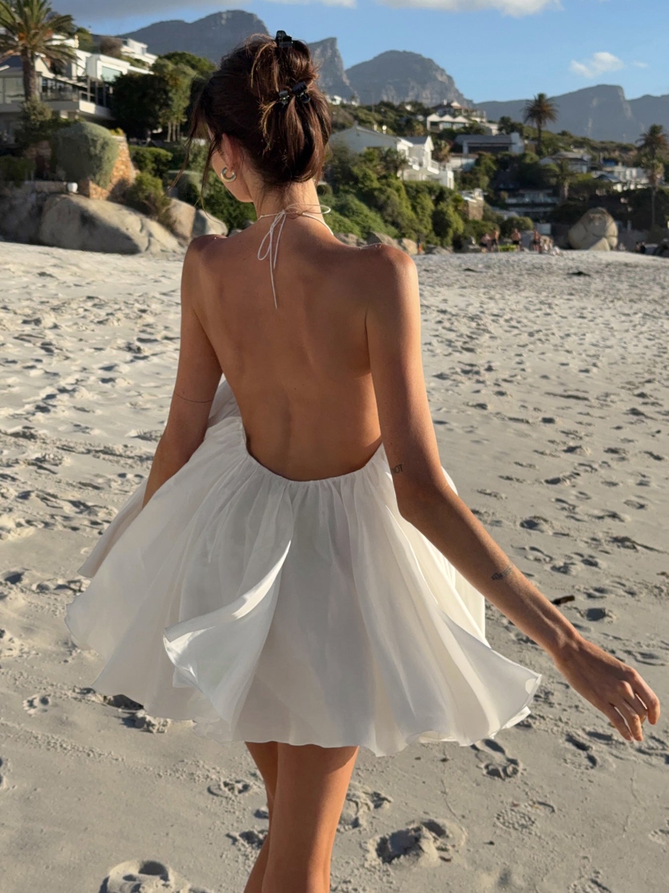 OLANE Ruffle Halter Backless Beach Dress WhiteXSWomen's Dresses