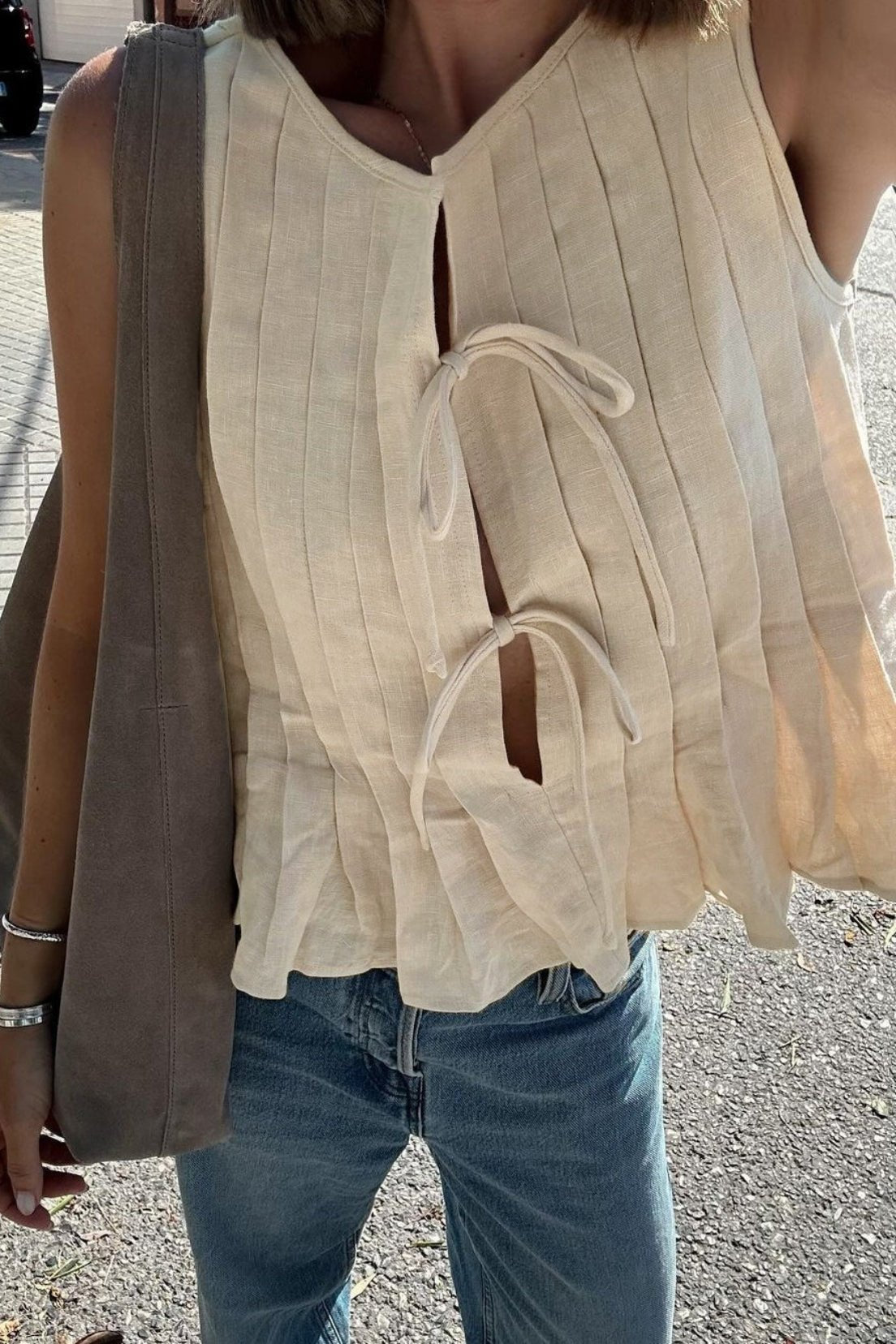OLANE Ruffle Hem Tie - Front Blouse BeigeXSWomen’s Tops