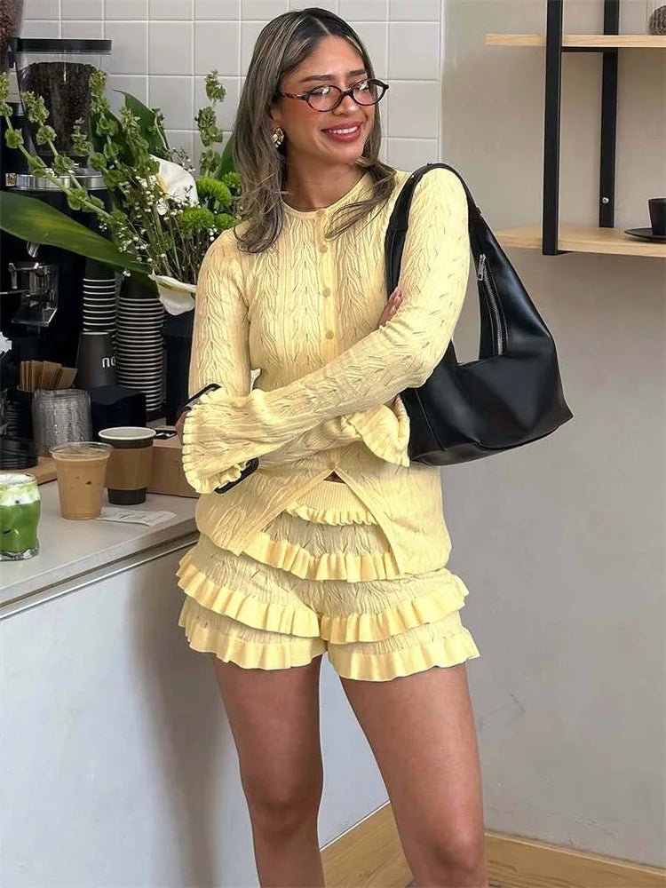 OLANE Ruffled Knit Co-ord Two-Piece Set YellowXSWomen's Sets