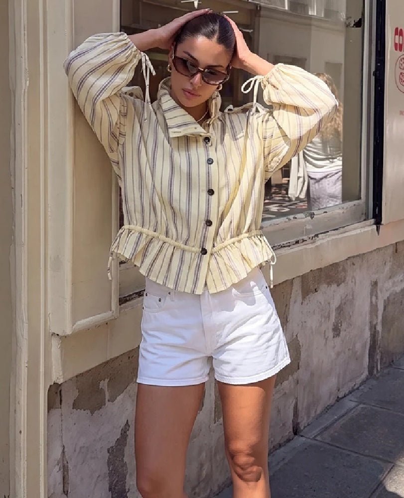 OLANE Ruffles Stand Collar Striped Jacket LWomen's Coats & Jackets