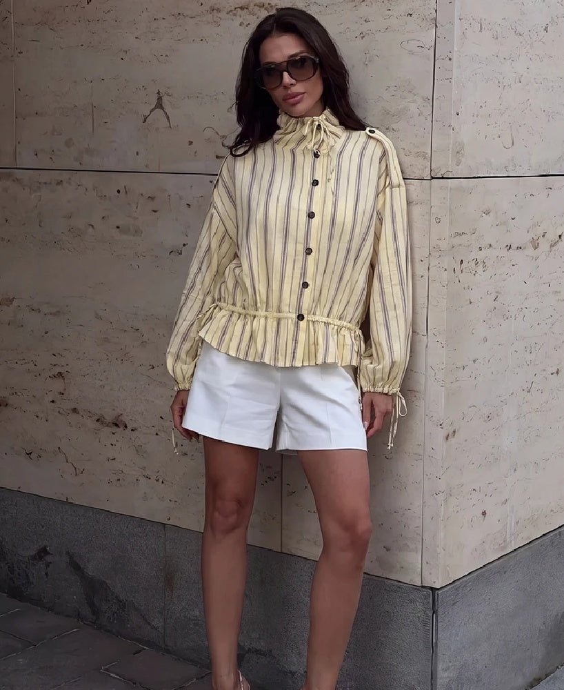 OLANE Ruffles Stand Collar Striped Jacket SWomen's Coats & Jackets