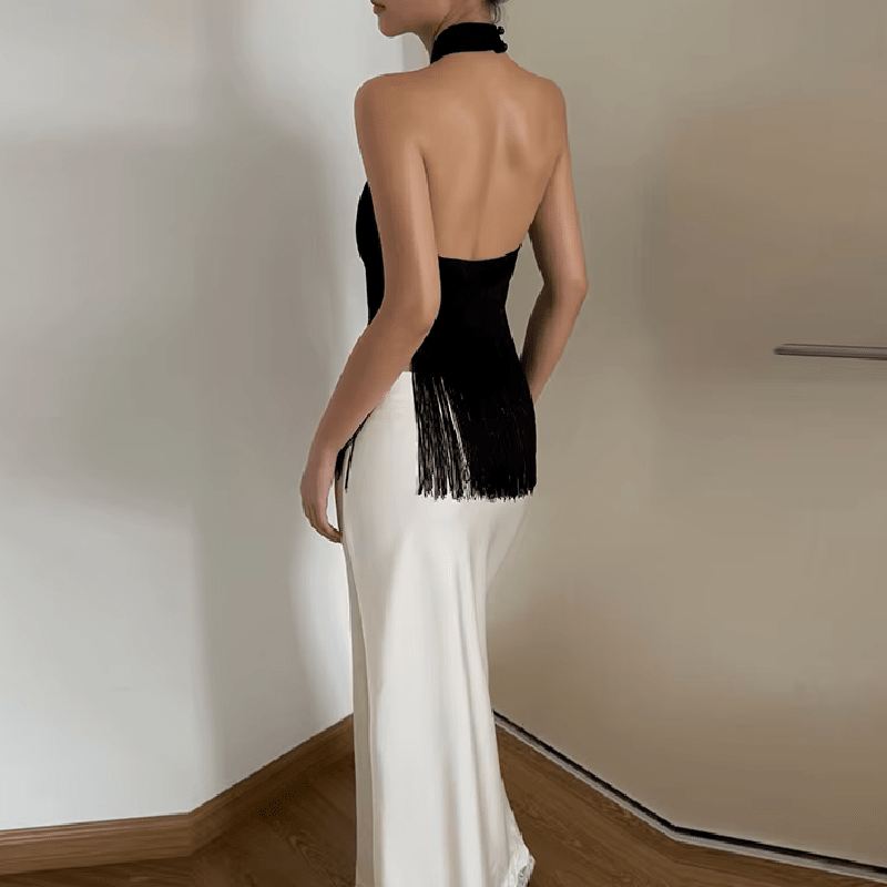 OLANE Satin Fringed Halter Backless Top BlackMWomen’s Tops