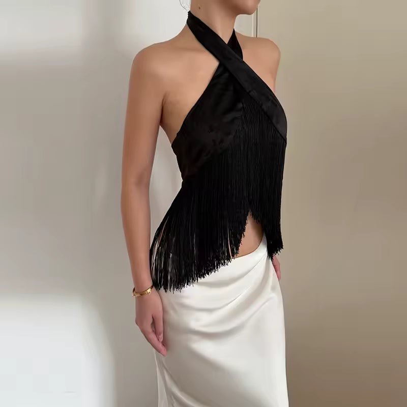 OLANE Satin Fringed Halter Backless Top BlackMWomen’s Tops