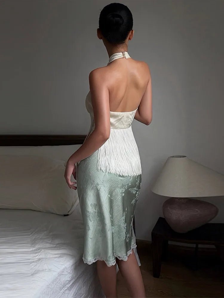 OLANE Satin Fringed Halter Backless Top WhiteLWomen’s Tops
