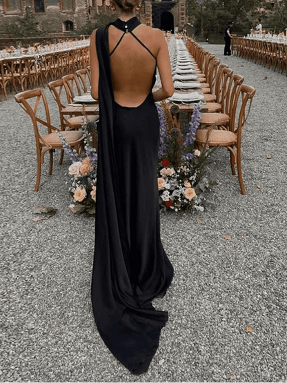 OLANE Satin Ribbon Backless Evening Gown BlackSWomen's Dresses