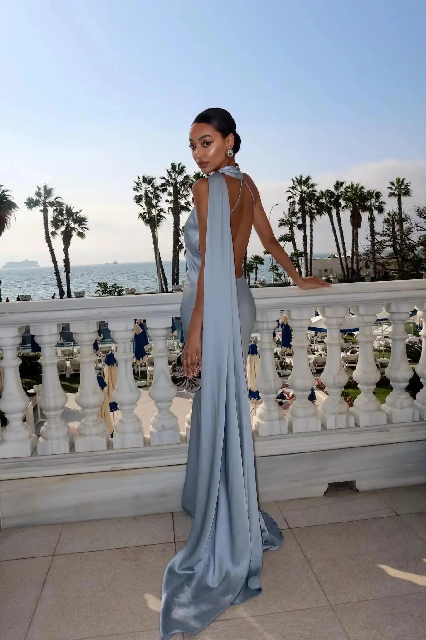 OLANE Satin Ribbon Backless Evening Gown BlueSWomen's Dresses