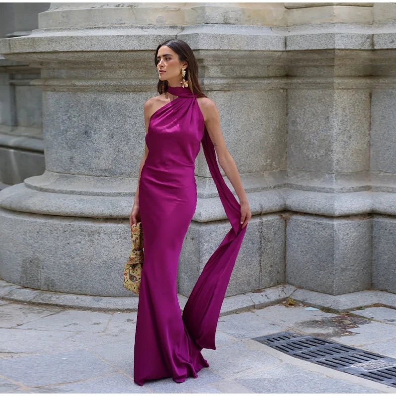 OLANE Satin Ribbon Backless Evening Gown PurpleSWomen's Dresses