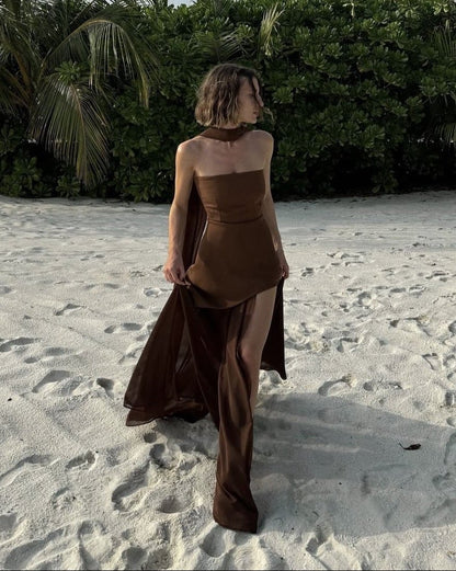 OLANE Sheer Asymmetric Strapless Maxi Dress BrownLWomen's Dresses