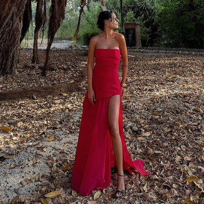 OLANE Sheer Asymmetric Strapless Maxi Dress RedMWomen's Dresses