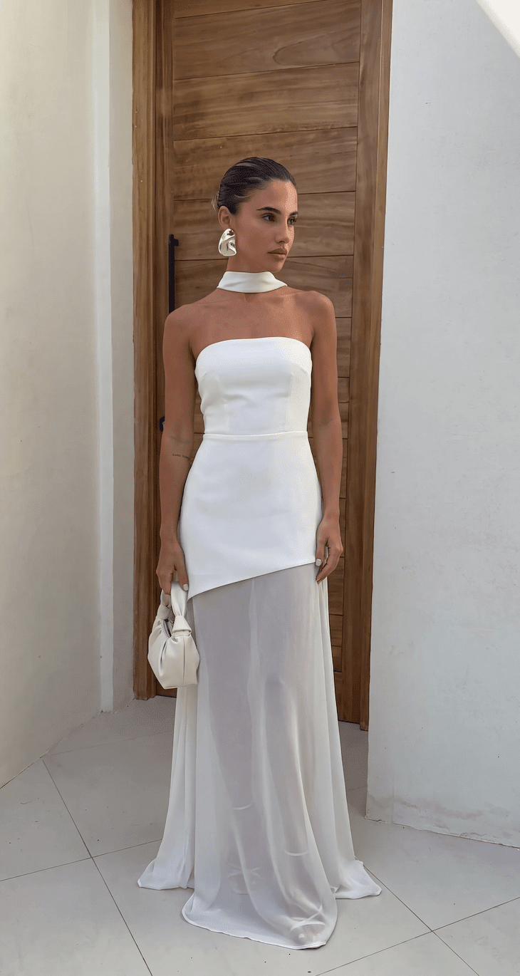 OLANE Sheer Asymmetric Strapless Maxi Dress WhiteMWomen's Dresses
