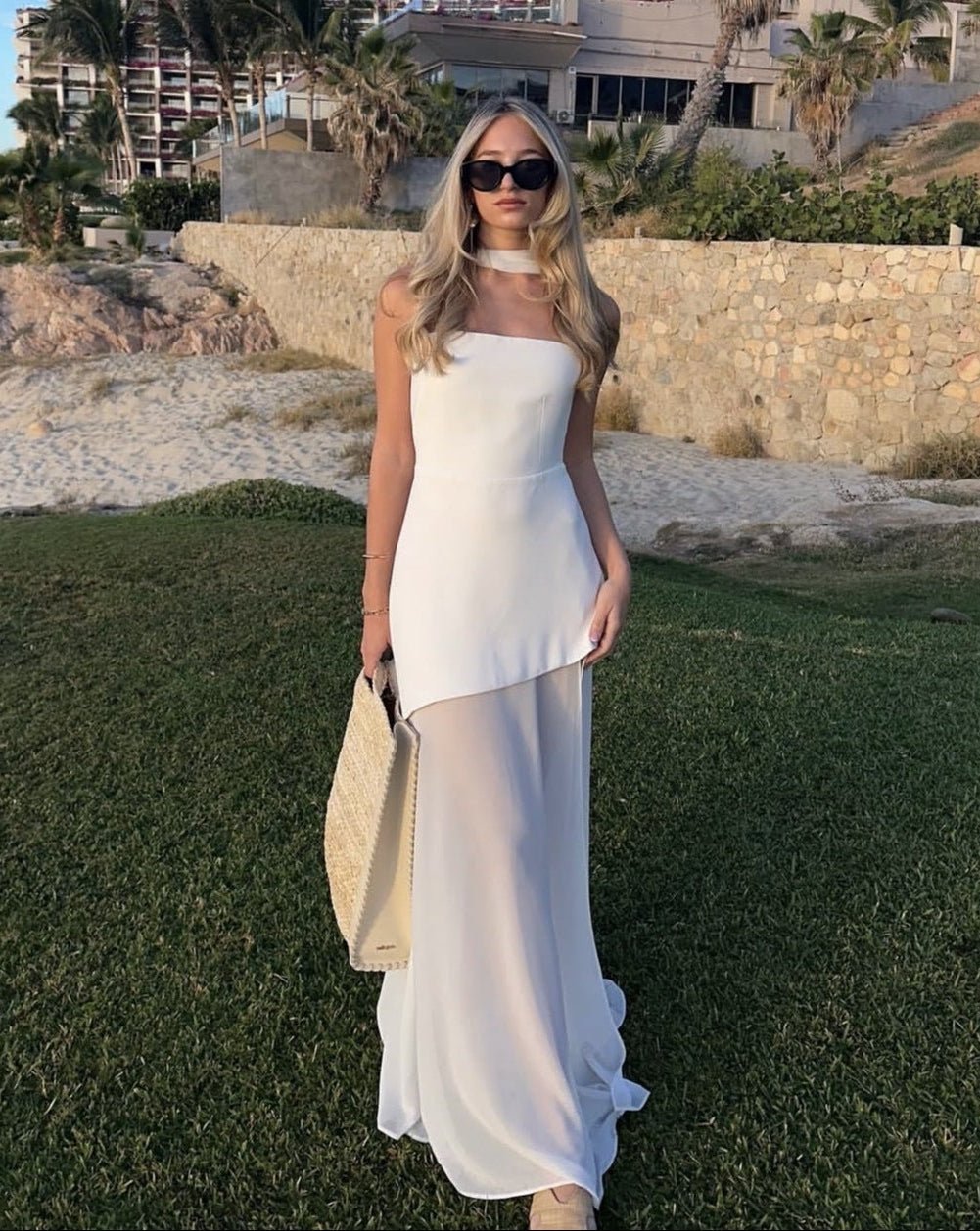 OLANE Sheer Asymmetric Strapless Maxi Dress WhiteSWomen's Dresses