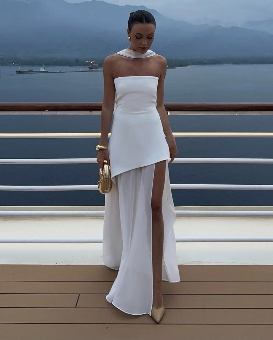 OLANE Sheer Asymmetric Strapless Maxi Dress WhiteSWomen's Dresses