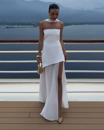 OLANE Sheer Asymmetric Strapless Maxi Dress WhiteSWomen's Dresses