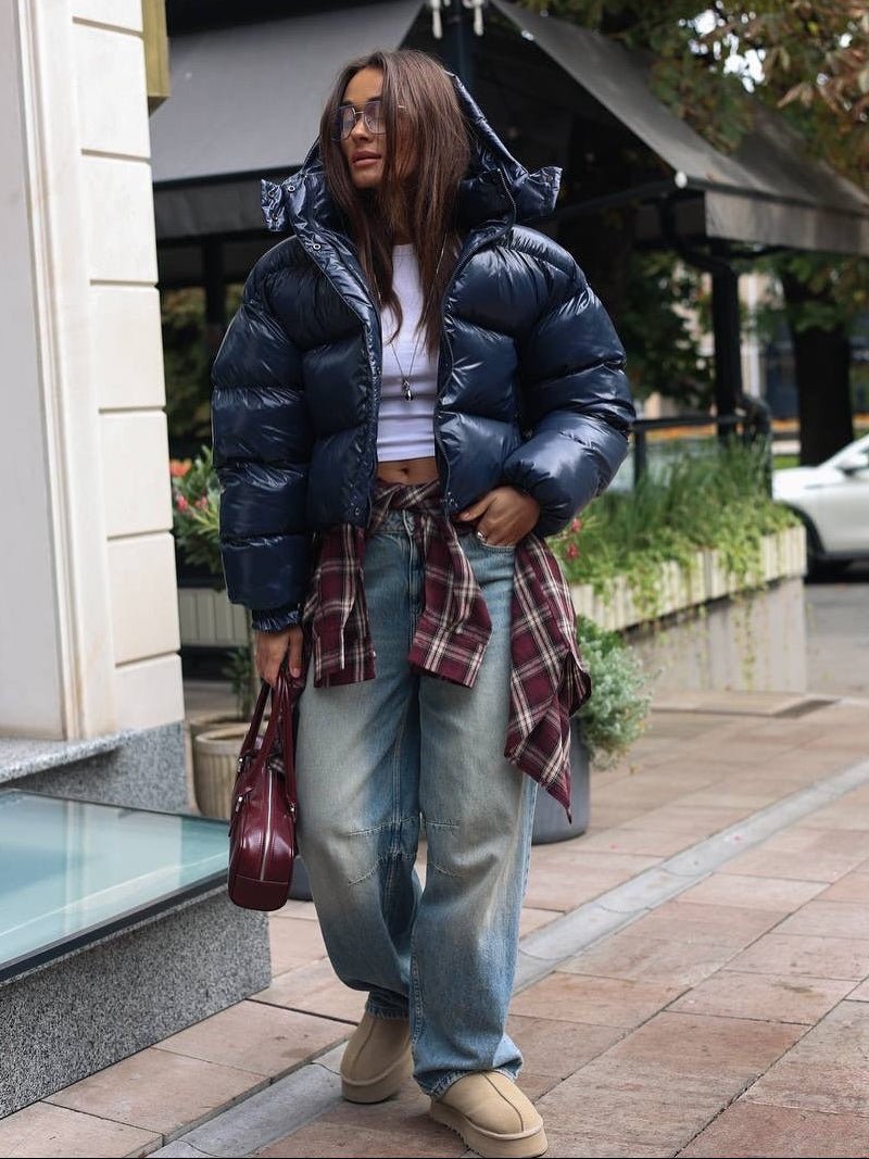 OLANE Short Glossy Hooded Puffer Jacket Navy BlueSWomen's Coats & Jackets