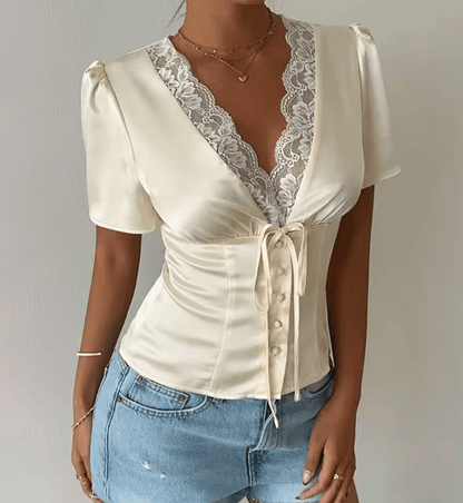 OLANE Short Sleeves Lace Satin Button Blouse BeigeLWomen’s Tops