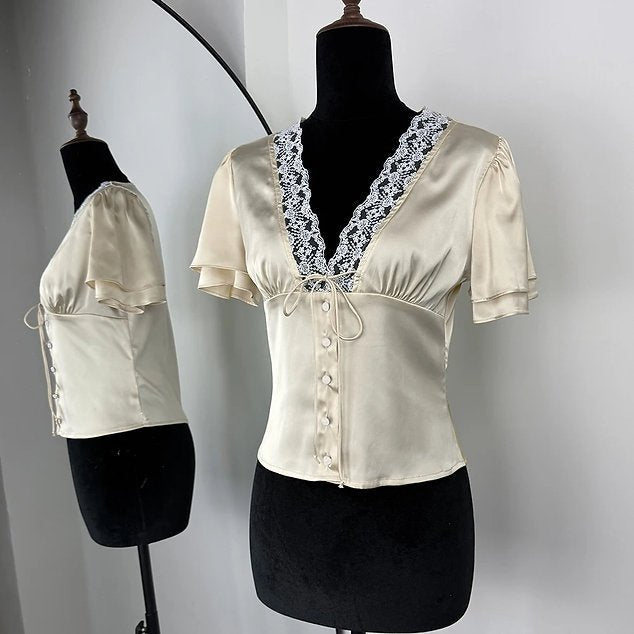 OLANE Short Sleeves Lace Satin Button Blouse BeigeMWomen’s Tops