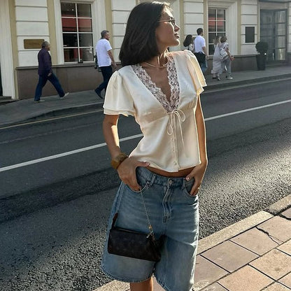 OLANE Short Sleeves Lace Satin Button Blouse BeigeSWomen’s Tops