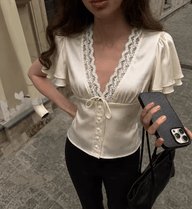 Teresa Short Sleeves Lace Satin Button Blouse