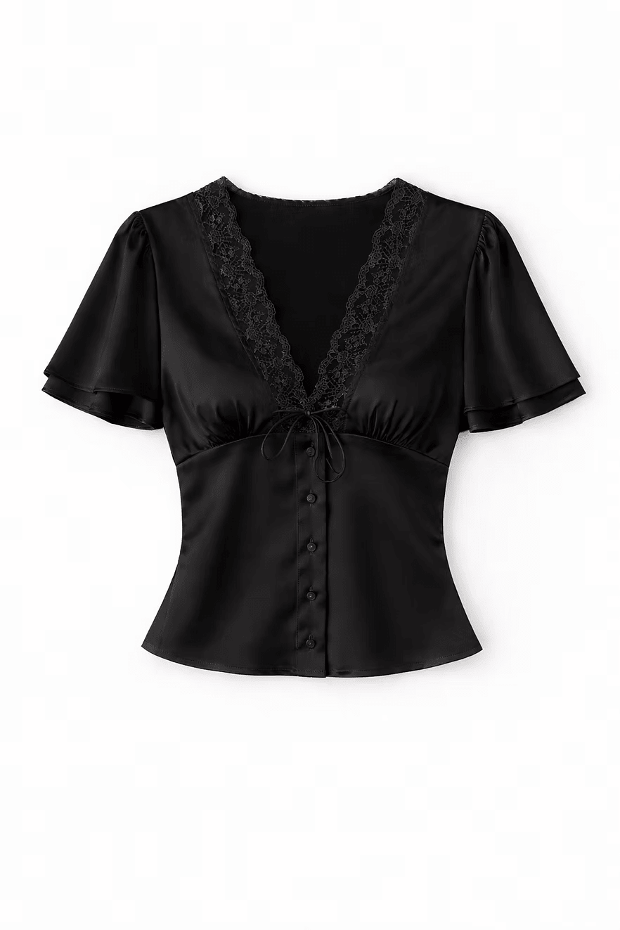 OLANE Short Sleeves Lace Satin Button Blouse BlackXSWomen’s Tops