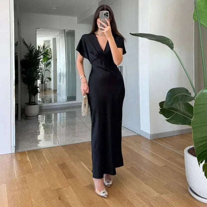 OLANE Short Sleeves V - Neck Satin Midi Dress BlackMWomen's Dresses