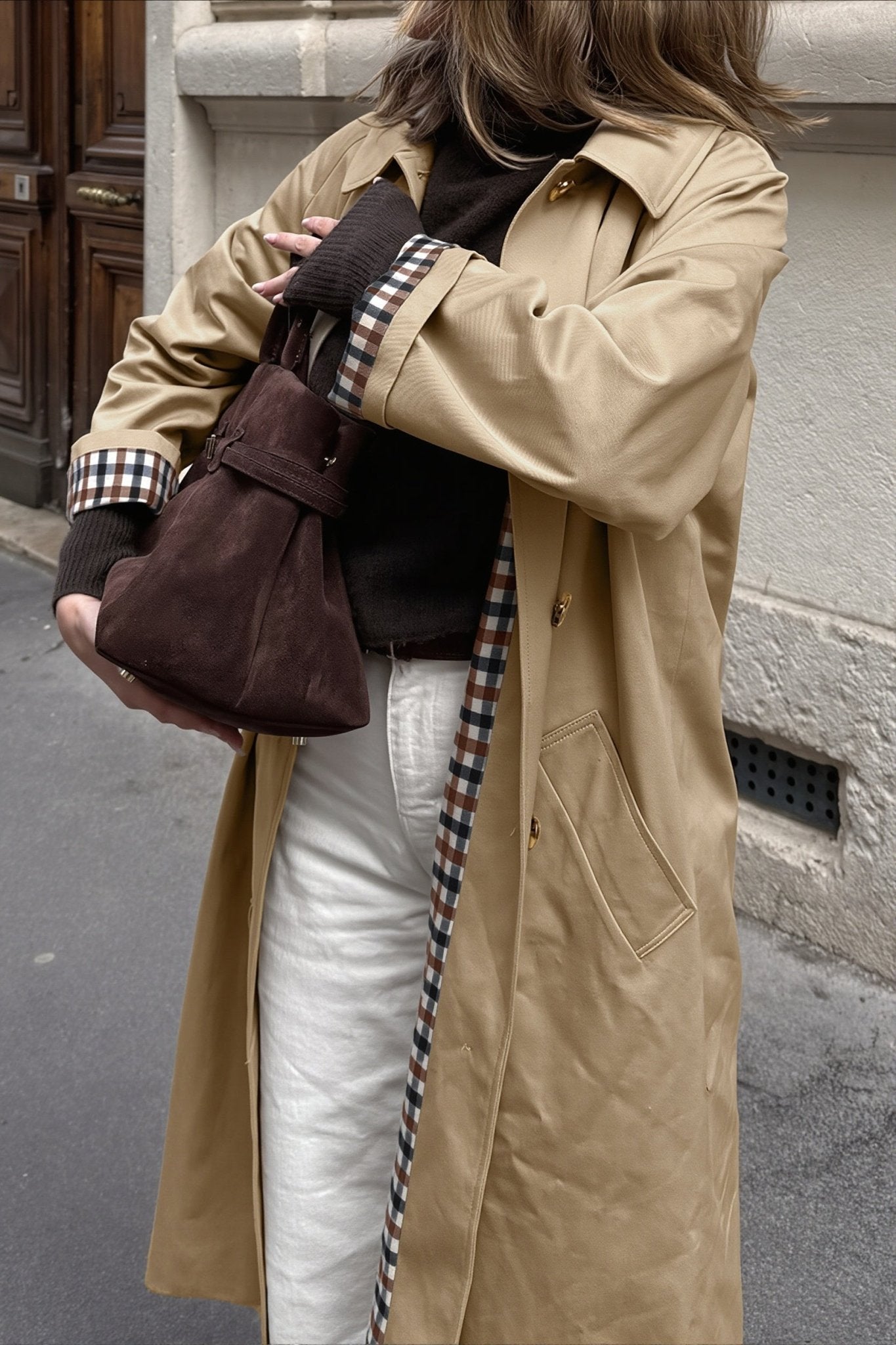 OLANE Single Breasted Check-Accent Trench Coat BeigeMWomen's Coats & Jackets