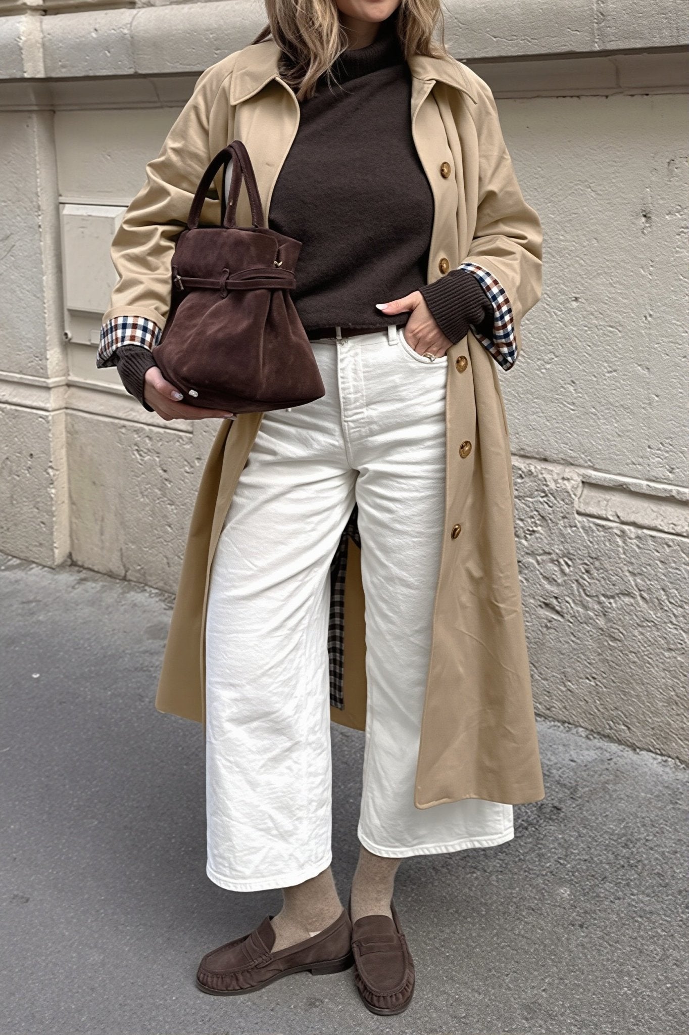 OLANE Single Breasted Check-Accent Trench Coat BeigeSWomen's Coats & Jackets