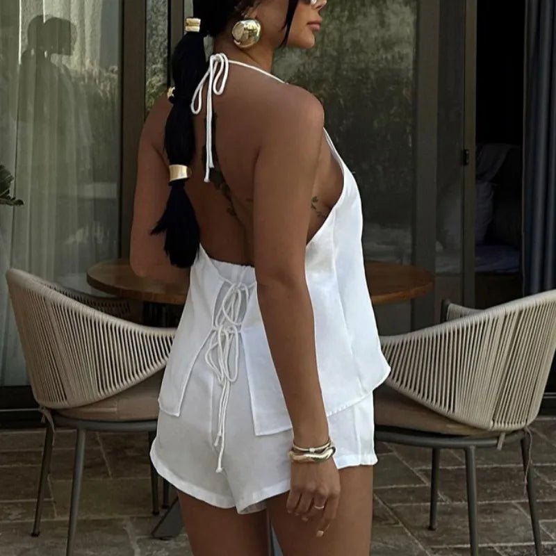 OLANE Sleeveless Halter Lace-Up Top & Shorts Set SWomen's Sets