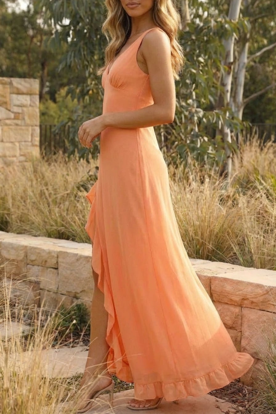 OLANE Sleeveless Ruffled Slit Maxi Dress OrangeSWomen's Dresses