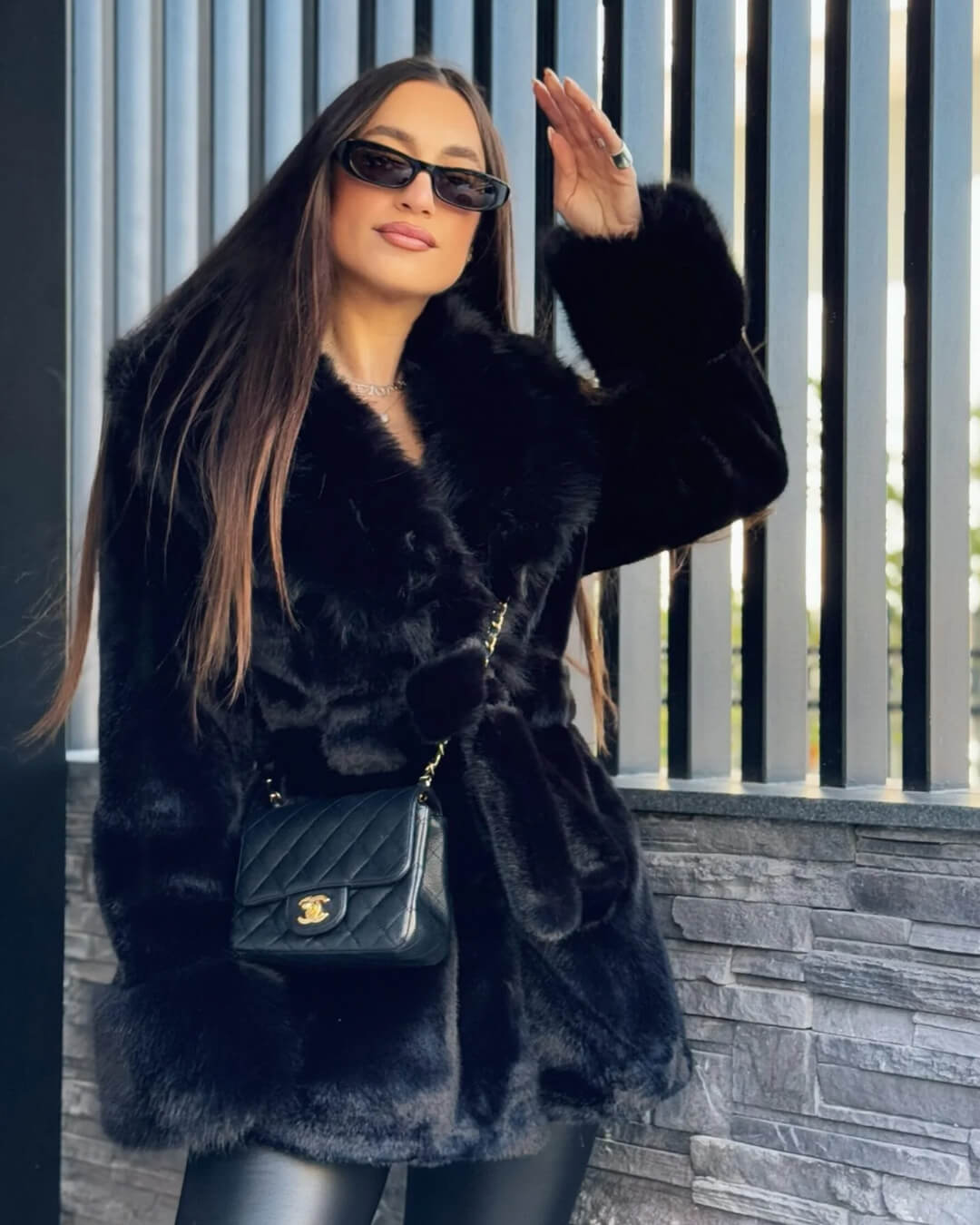 OLANE Soft Plush Faux Fur Trim Coat BlackSWomen's Coats & Jackets
