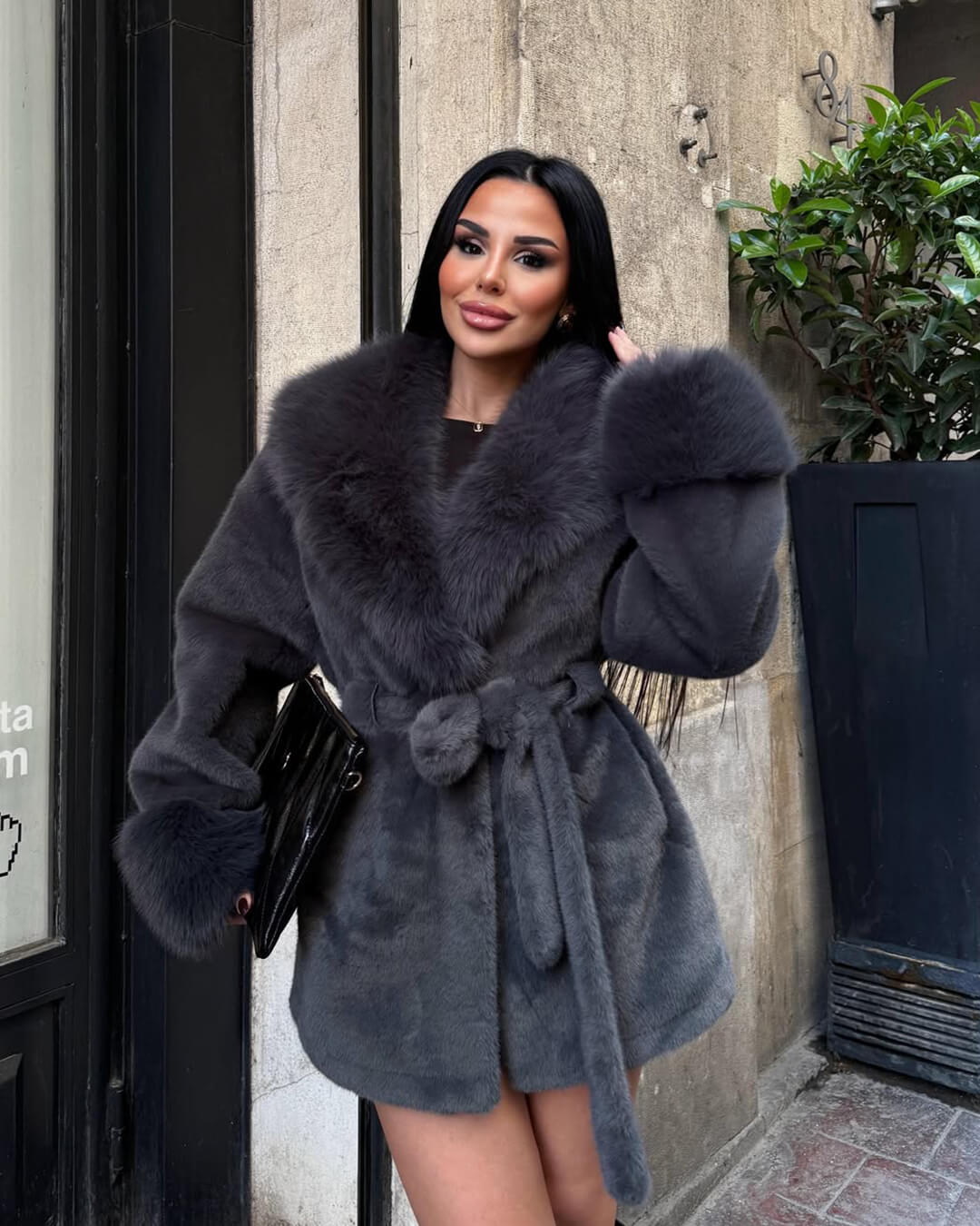 OLANE Soft Plush Faux Fur Trim Coat BlackSWomen's Coats & Jackets