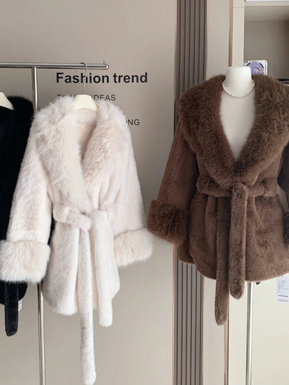 OLANE Soft Plush Faux Fur Trim Coat BlackSWomen's Coats & Jackets