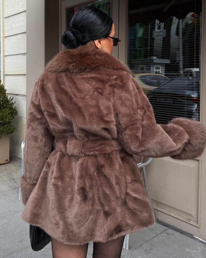 OLANE Soft Plush Faux Fur Trim Coat BrownSWomen's Coats & Jackets