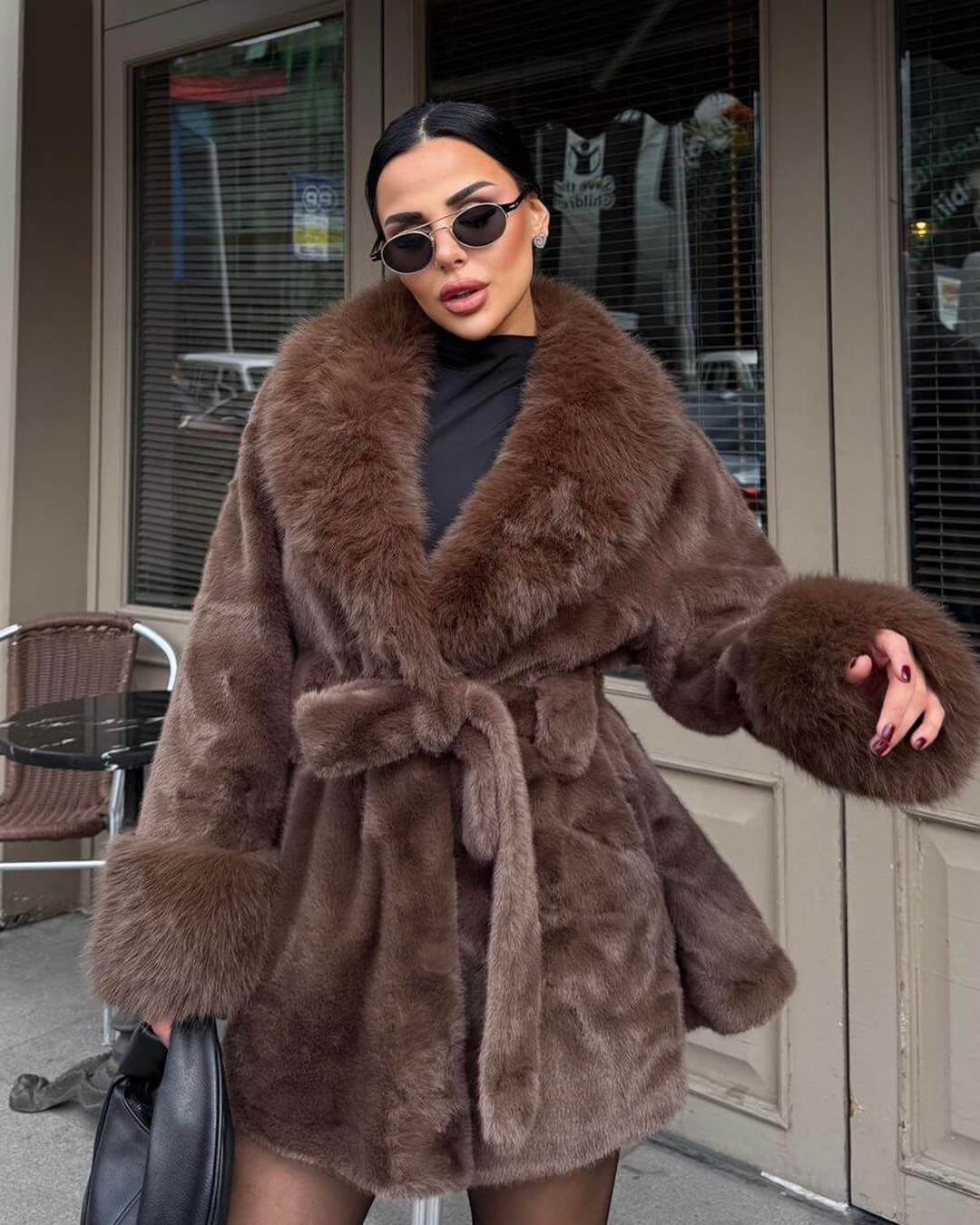 OLANE Soft Plush Faux Fur Trim Coat BrownSWomen's Coats & Jackets
