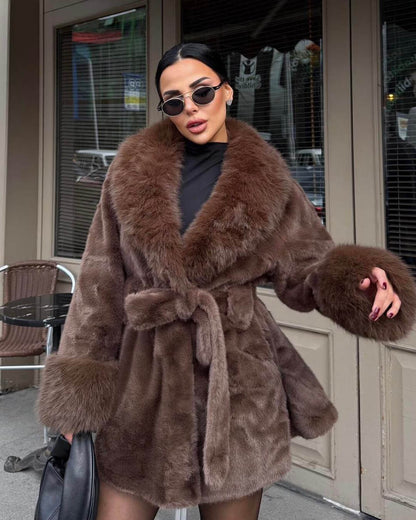 OLANE Soft Plush Faux Fur Trim Coat BrownSWomen's Coats & Jackets