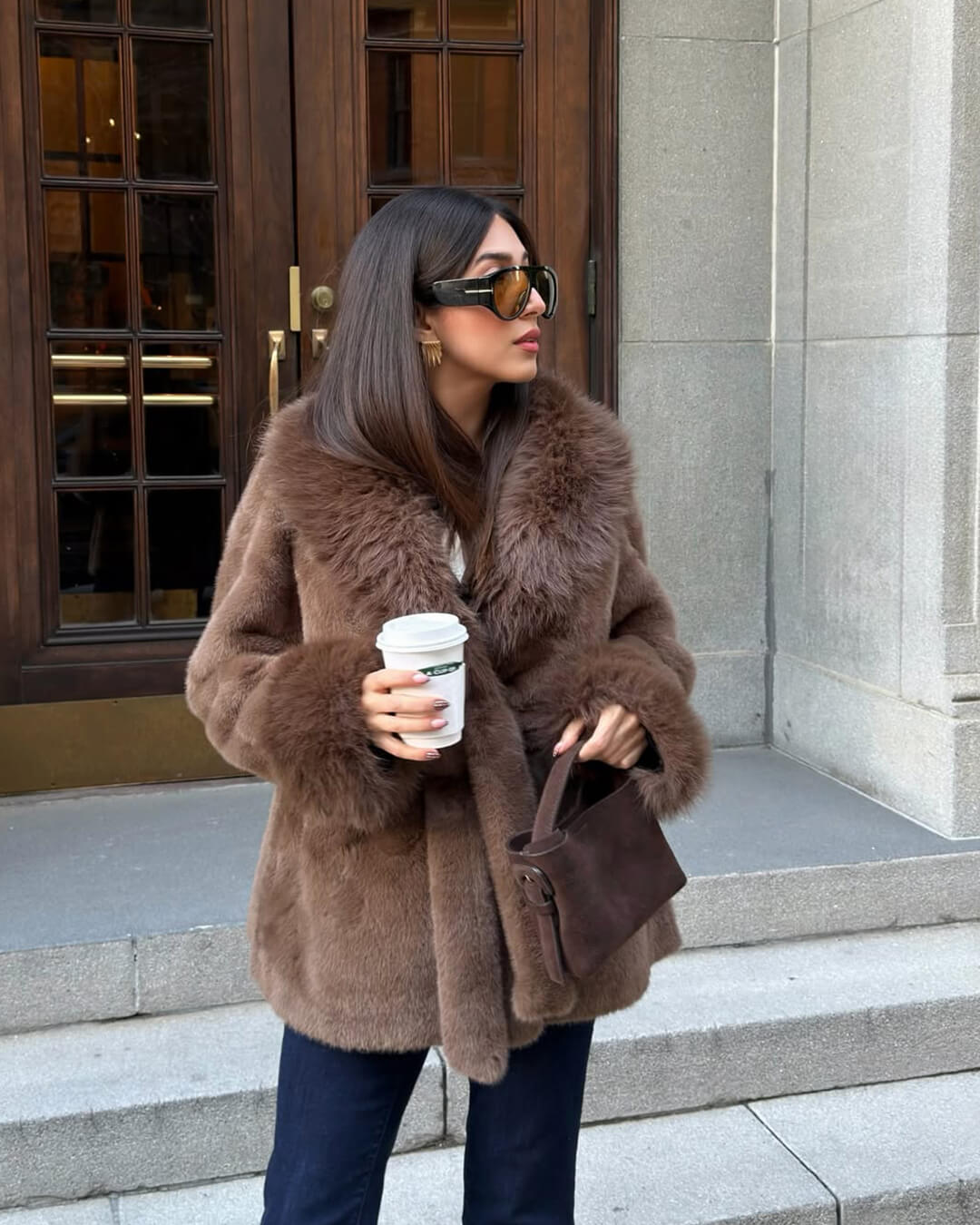 OLANE Soft Plush Faux Fur Trim Coat BrownSWomen's Coats & Jackets