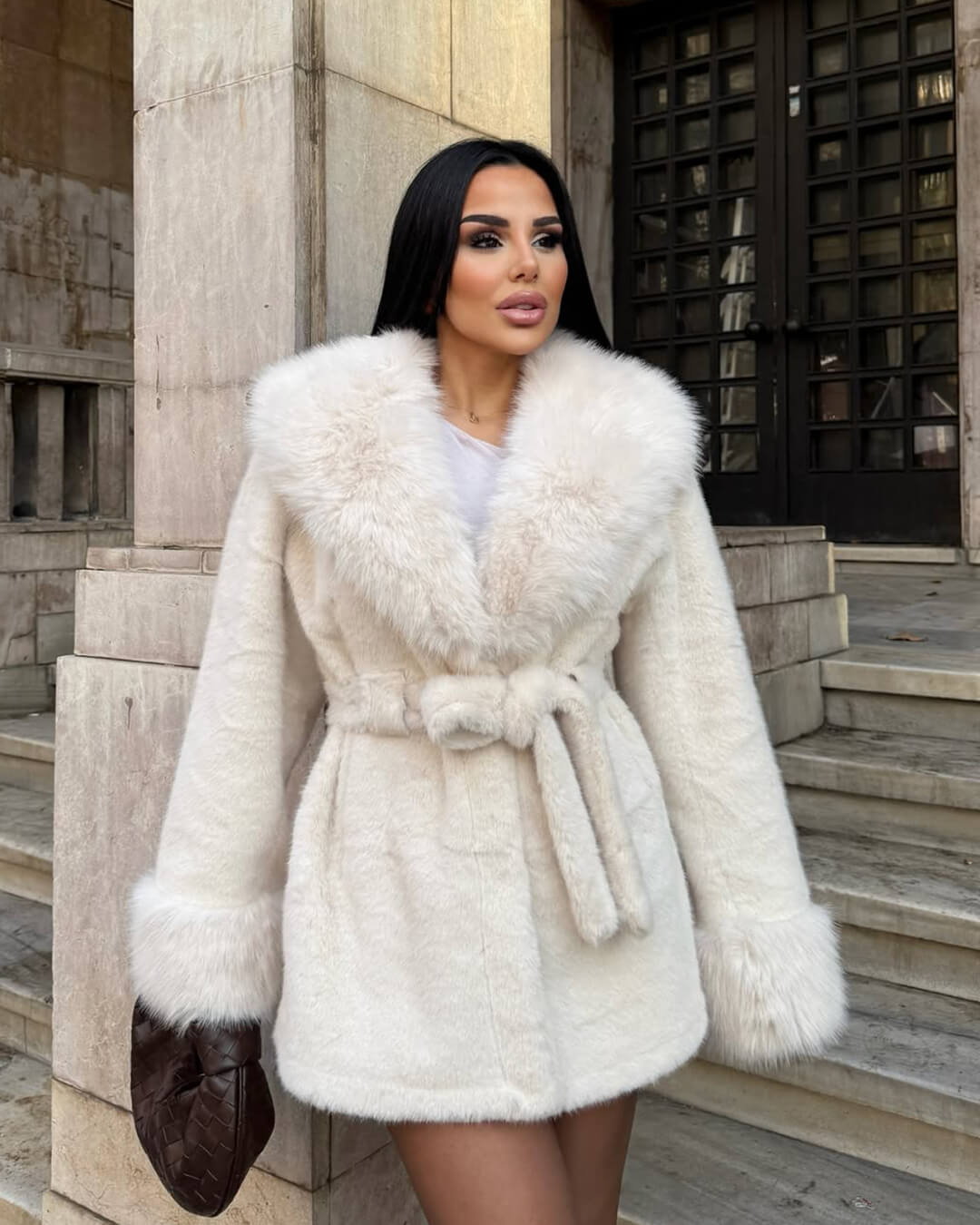 OLANE Soft Plush Faux Fur Trim Coat WhiteSWomen's Coats & Jackets