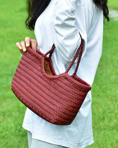 OLANE Spacious Woven Leather Tote Bag BurgundySWomen's Bags