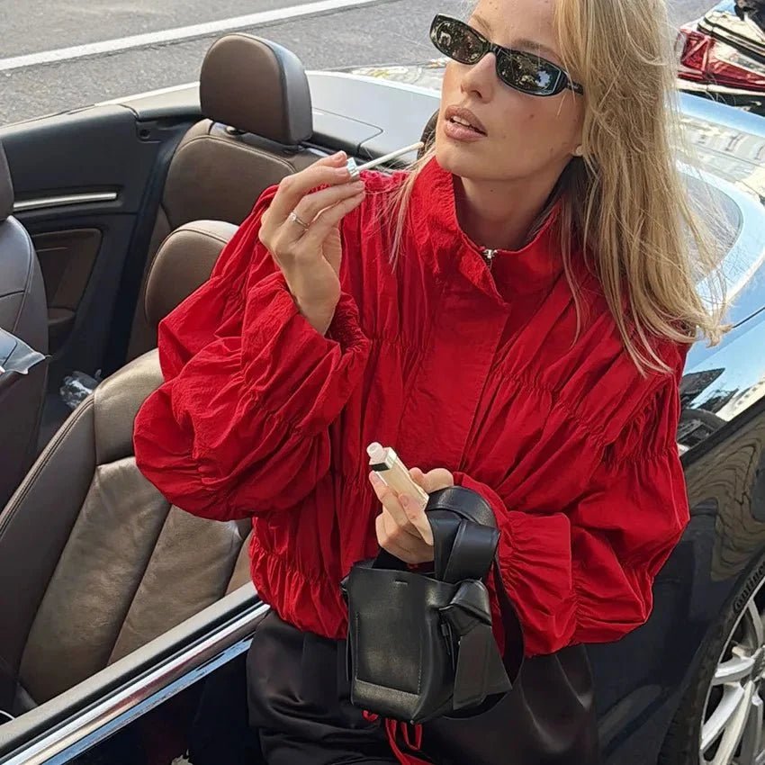 OLANE Stand Collar Ruched Zip-Up Jacket RedMWomen's Coats & Jackets