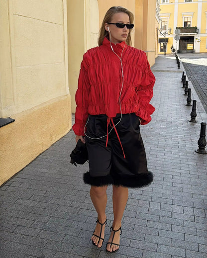 OLANE Stand Collar Ruched Zip-Up Jacket RedSWomen's Coats & Jackets