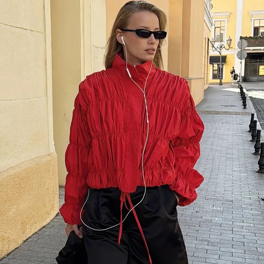 OLANE Stand Collar Ruched Zip-Up Jacket RedSWomen's Coats & Jackets