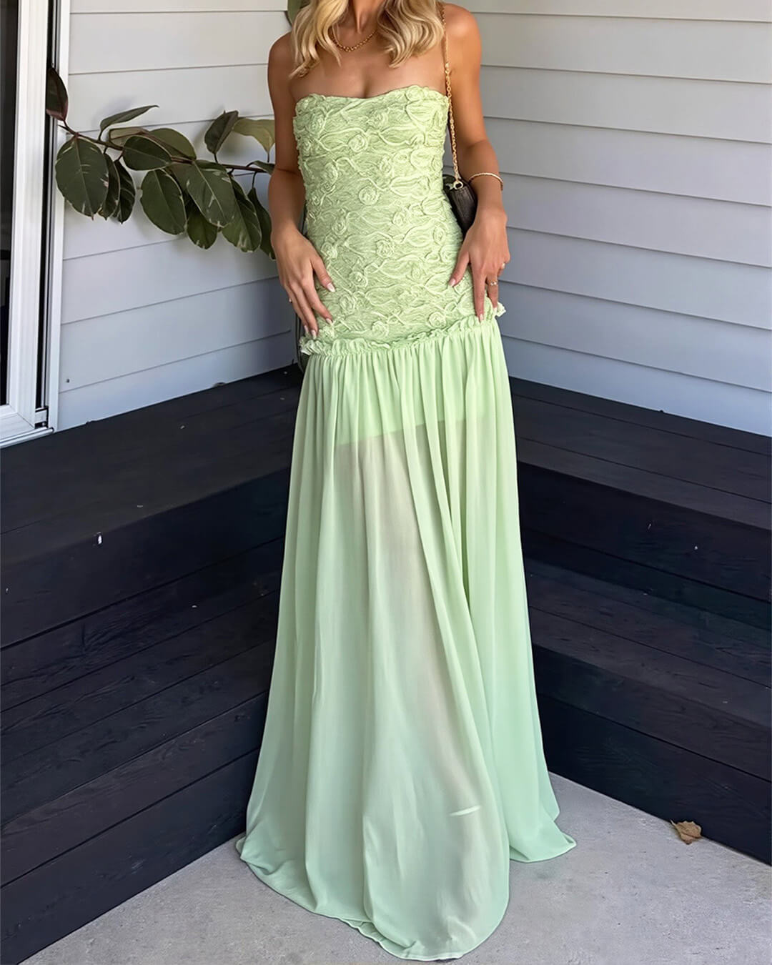 OLANE Strapless Floral Lace Maxi Dress Light GreenLWomen's Dresses
