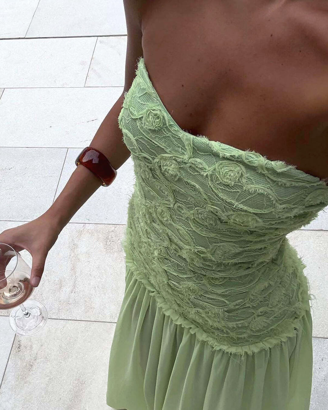 OLANE Strapless Floral Lace Maxi Dress Light GreenSWomen's Dresses